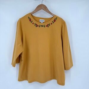 Breckenridge Yellow Embroidered Leaf Detailed 3/4 Sleeve Top Women's 2X